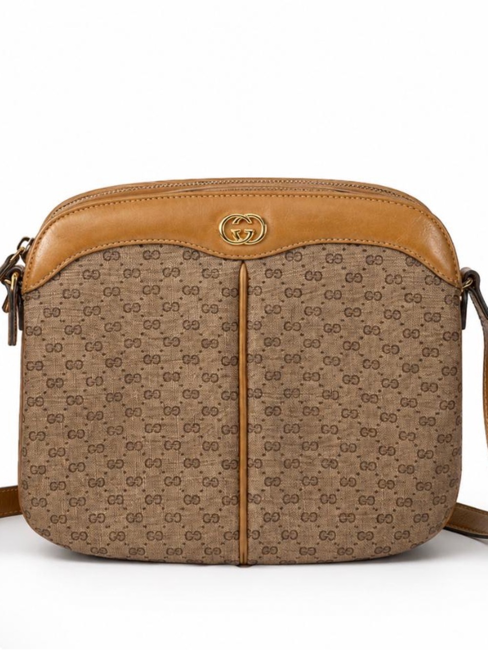 Vintage Gucci Monogram Crossbody Shoulder Bag Tan Beige GG Canvas Leather